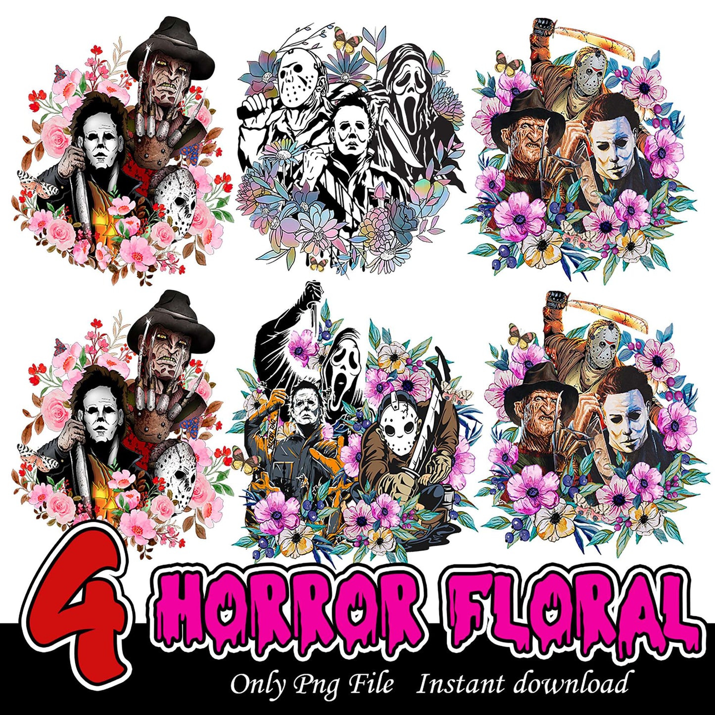 Horror Floral PNG Bundle 4 Designs