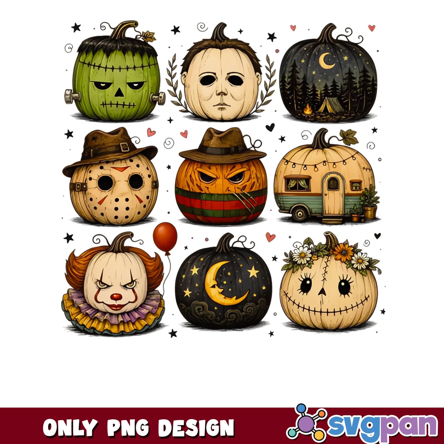 Horror Characters Pumpkin Bundle PNG, Halloween PNG, Scary PNG