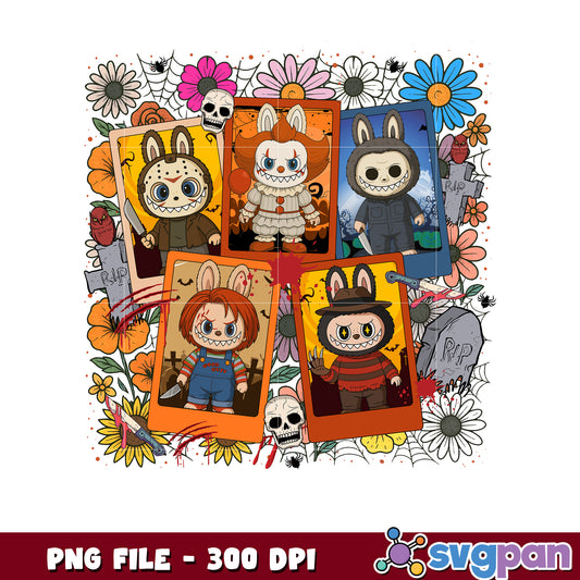 Horror movie characters labubu png, halloween candy png, spooky halloween png
