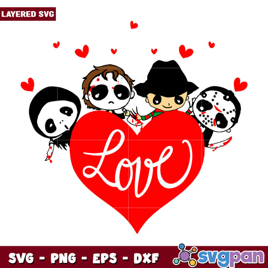 Horror movie chibi valentine svg, halloween fall svg, spooky characters svg