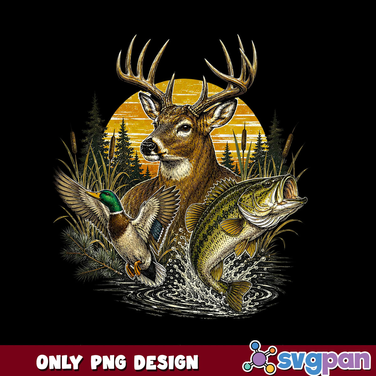 Hunting Fishing Vintage PNG, Deer Duck Bass Wildlife PNG, Outdoors PNG