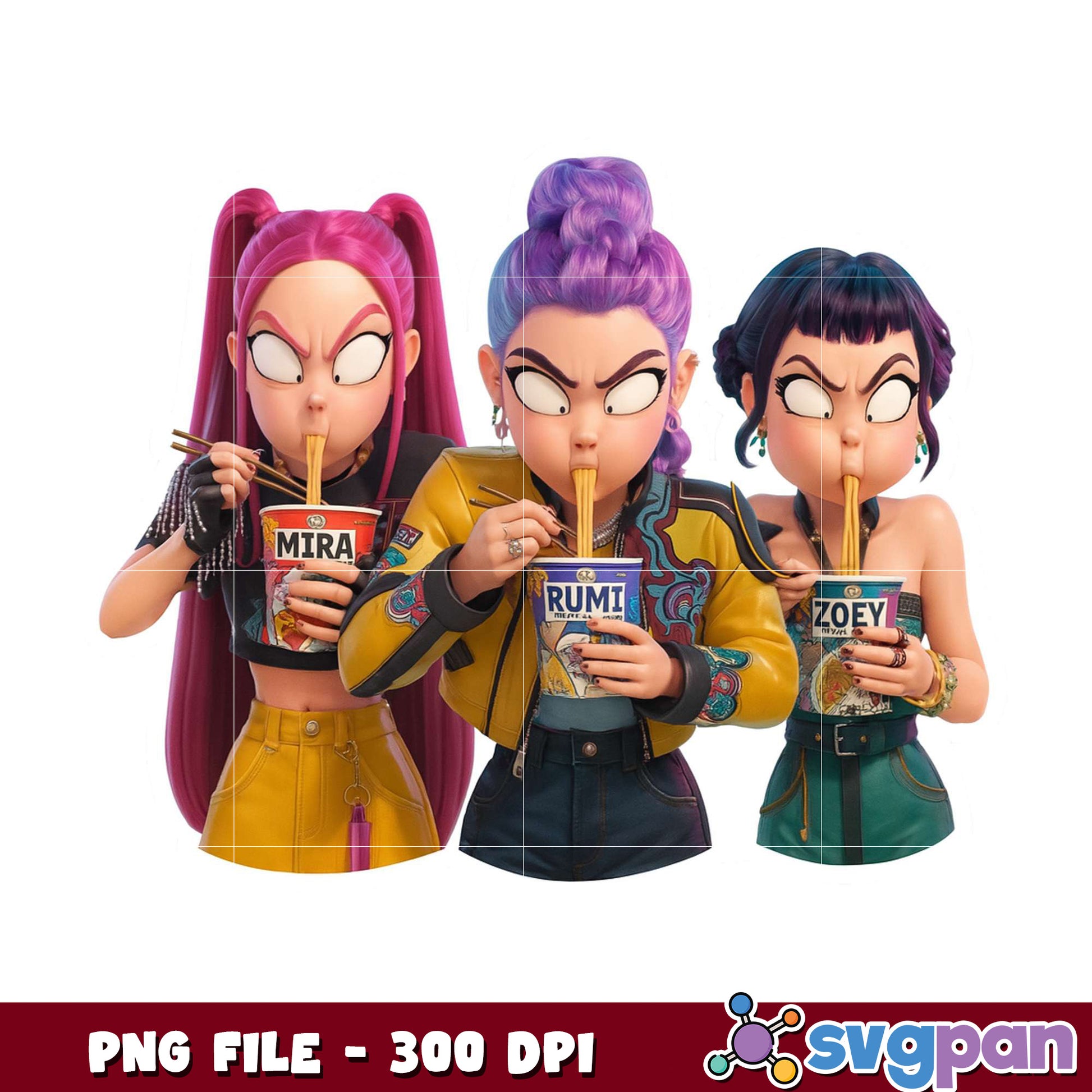 Huntrix eating ramen png, kpop animation png, food scene png