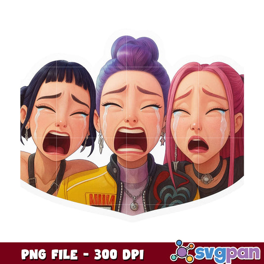 Huntrix girl cry png, sad chibi png, emotional anime png