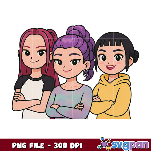 Huntrix girl members png, kpop animation png, korean cartoon png