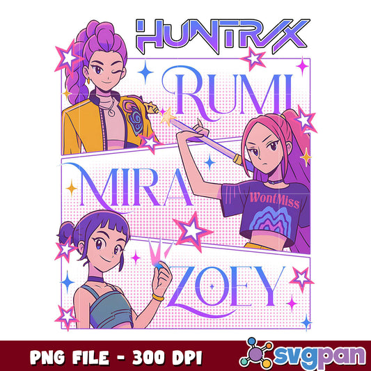 Huntrix member's name png, kpop demon hunters png, kpop cartoon png