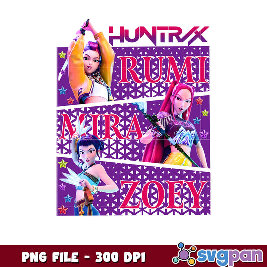 Huntrix rumi mira zoey png, kpop demon hunters png, korean cartoon png
