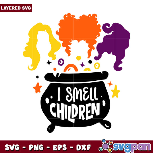 I Smell Children Halloween SVG, Layered Design with Faces and Cauldron