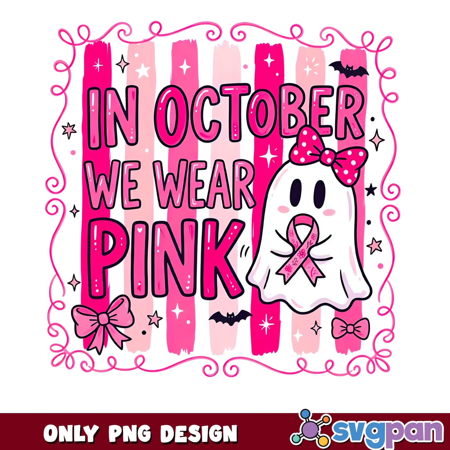 In October We Wear Pink PNG, Breast Cancer Ghost PNG, Halloween PNG