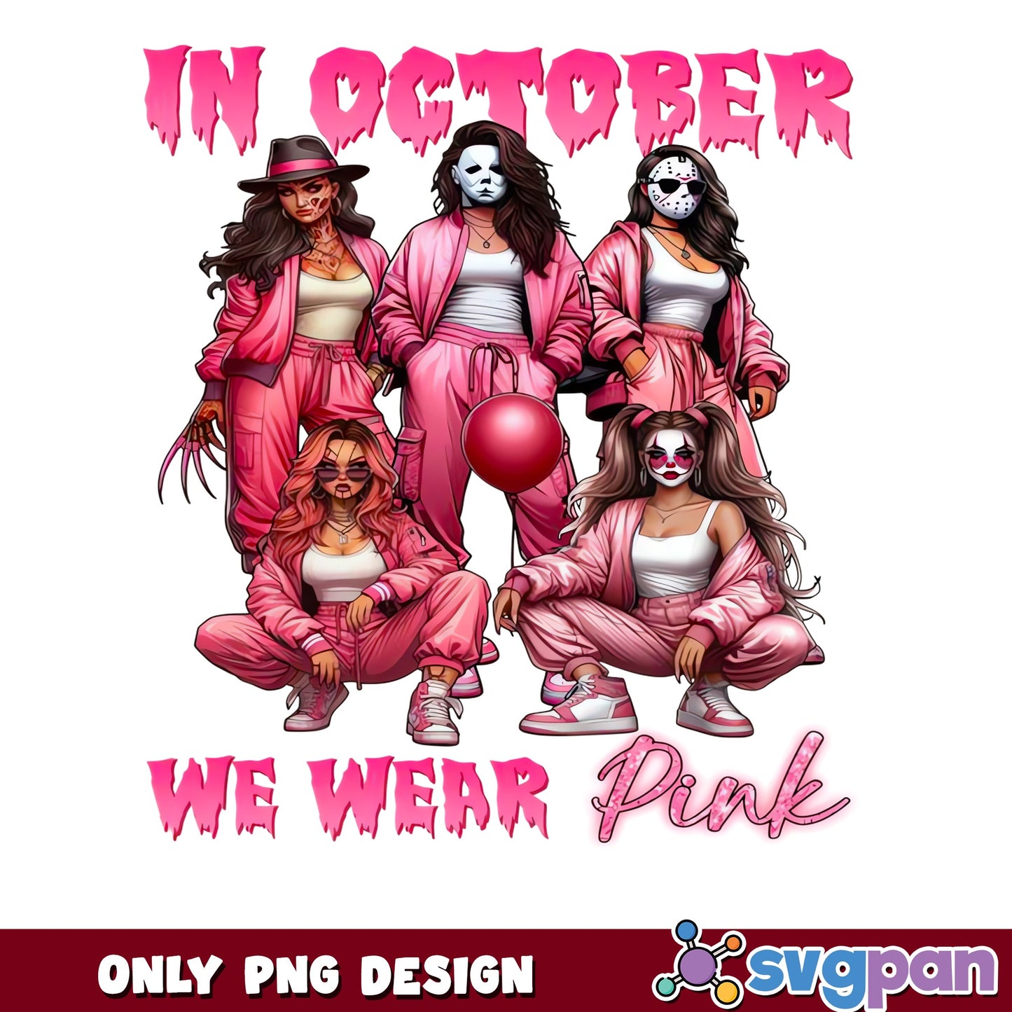 In October We Wear Pink PNG, Horror Girls Halloween PNG, Breast Cancer PNG