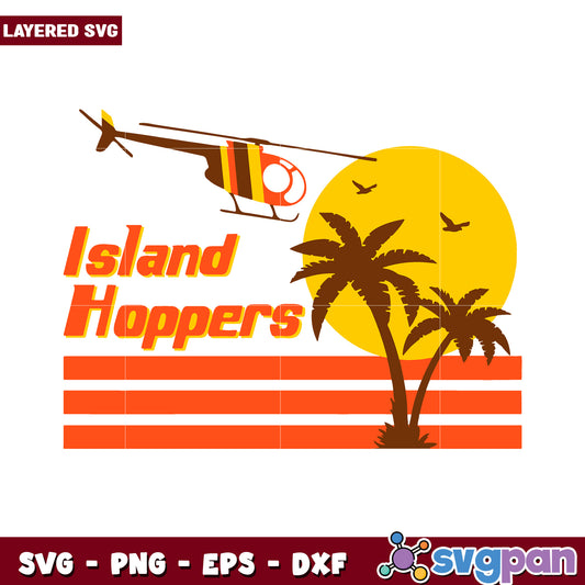 Island Hoppers vintage design featuring helicopter and sun, perfect for summer decor and crafting projects