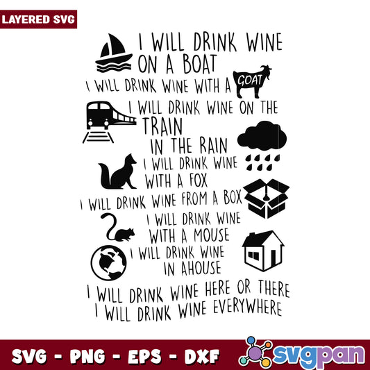 I will drink wine in various places, funny wine SVG design