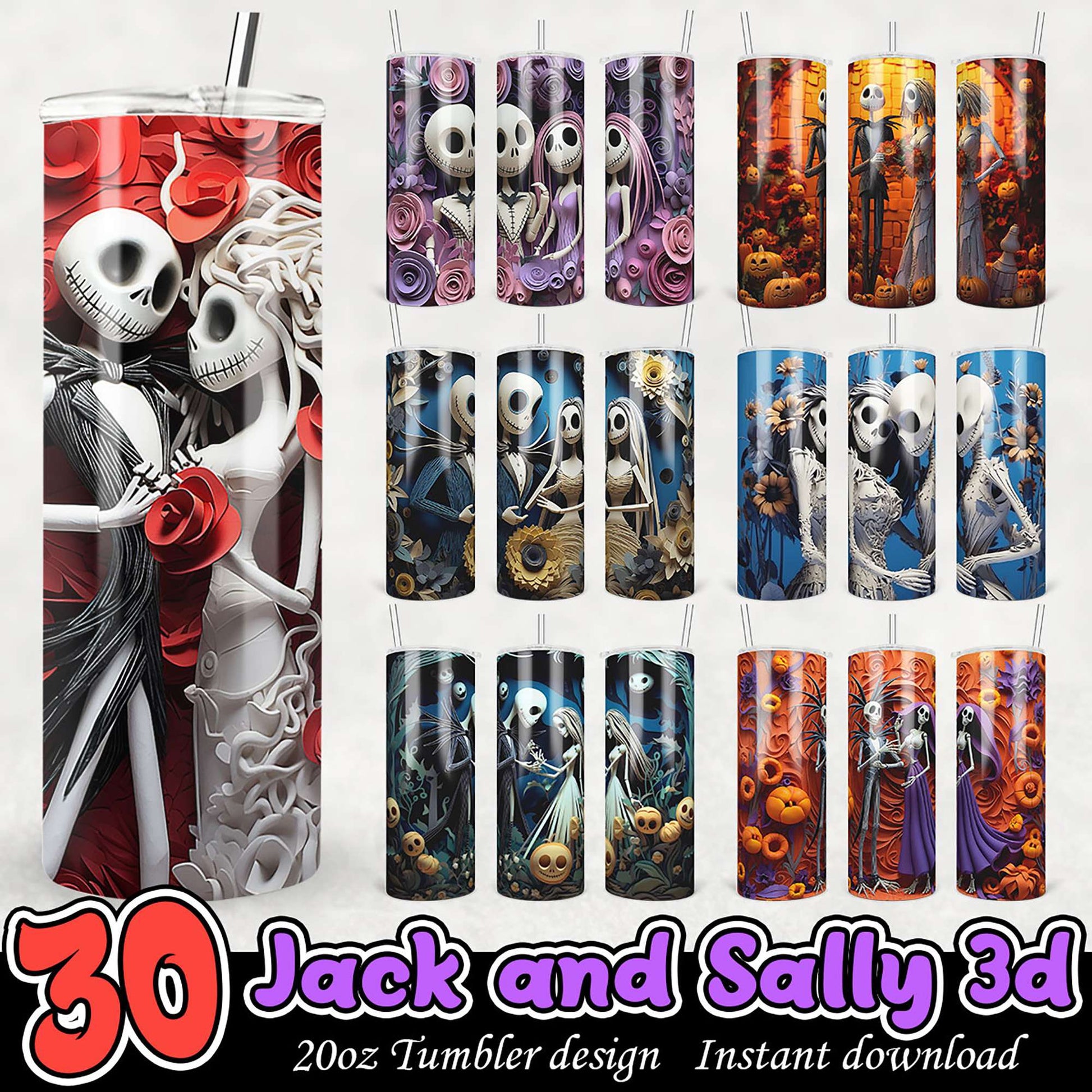 Jack & Sally 3D Tumbler Designs PNG