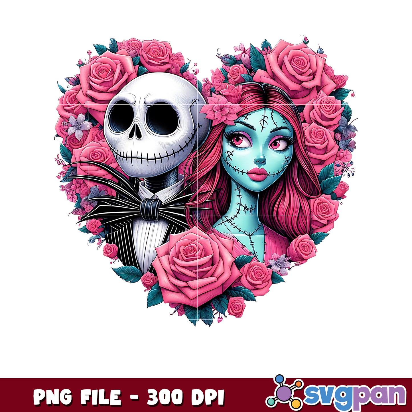 Jack and wife heart flowers png, spooky halloween png, halloween candy png