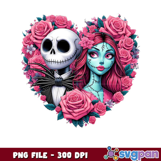 Jack and wife heart flowers png, spooky halloween png, halloween candy png