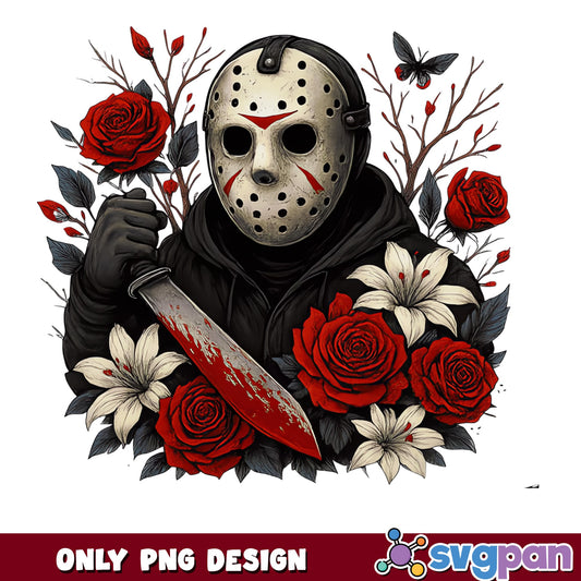 Jason Voorhees Floral Horror PNG, Halloween PNG, Friday 13th PNG