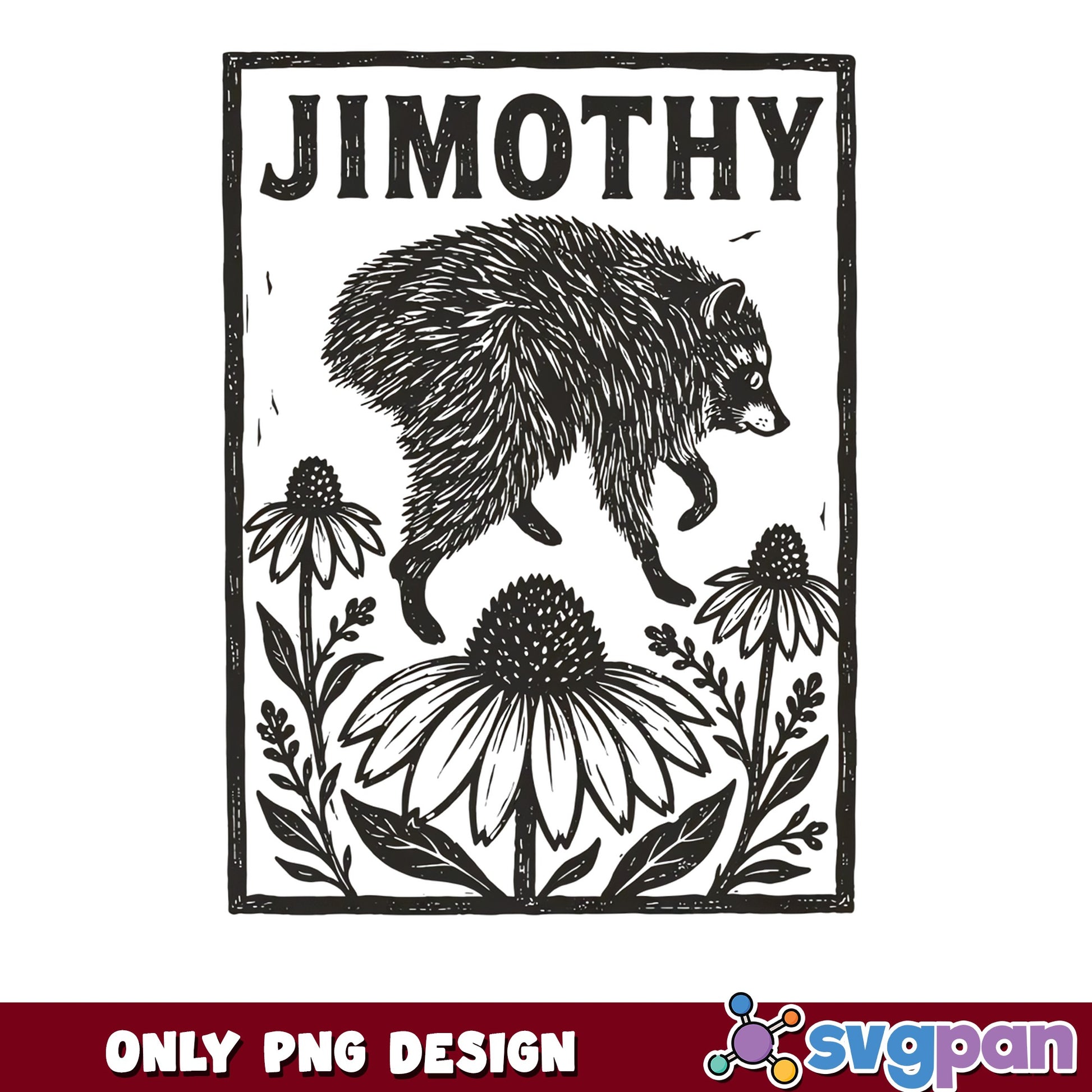 Jimothy Raccoon Floral Linocut PNG, Funny Raccoon PNG, Wildflower PNG