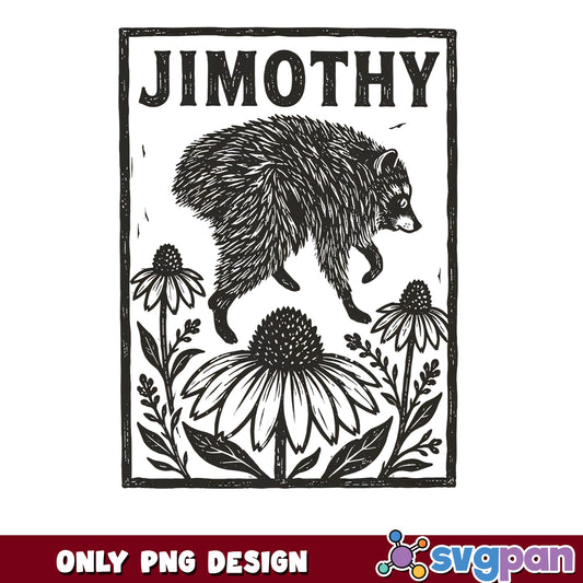 Jimothy Raccoon Floral Linocut PNG, Funny Raccoon PNG, Wildflower PNG