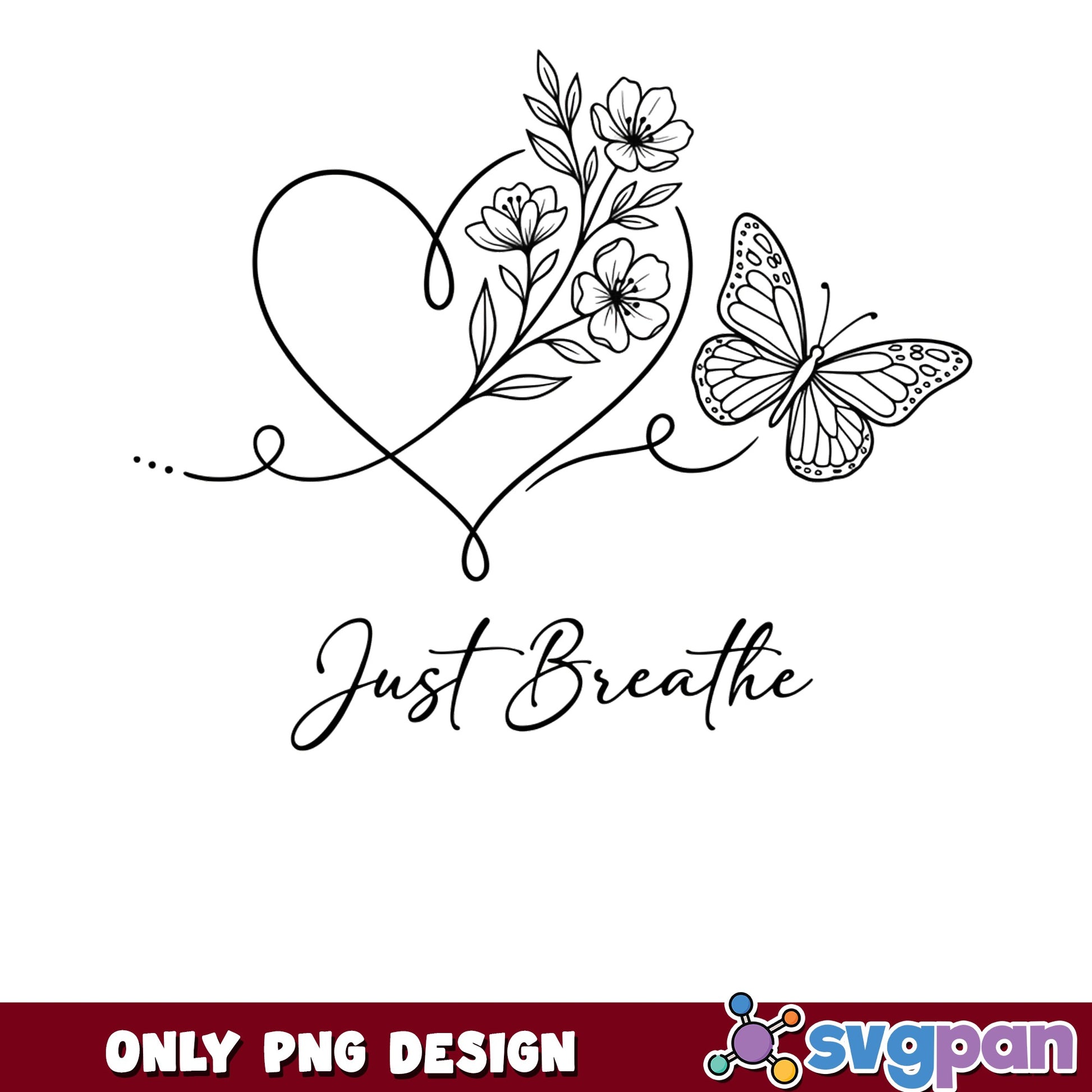 Just Breathe Floral Heart PNG, Butterfly Wildflower PNG, Mental Health PNG