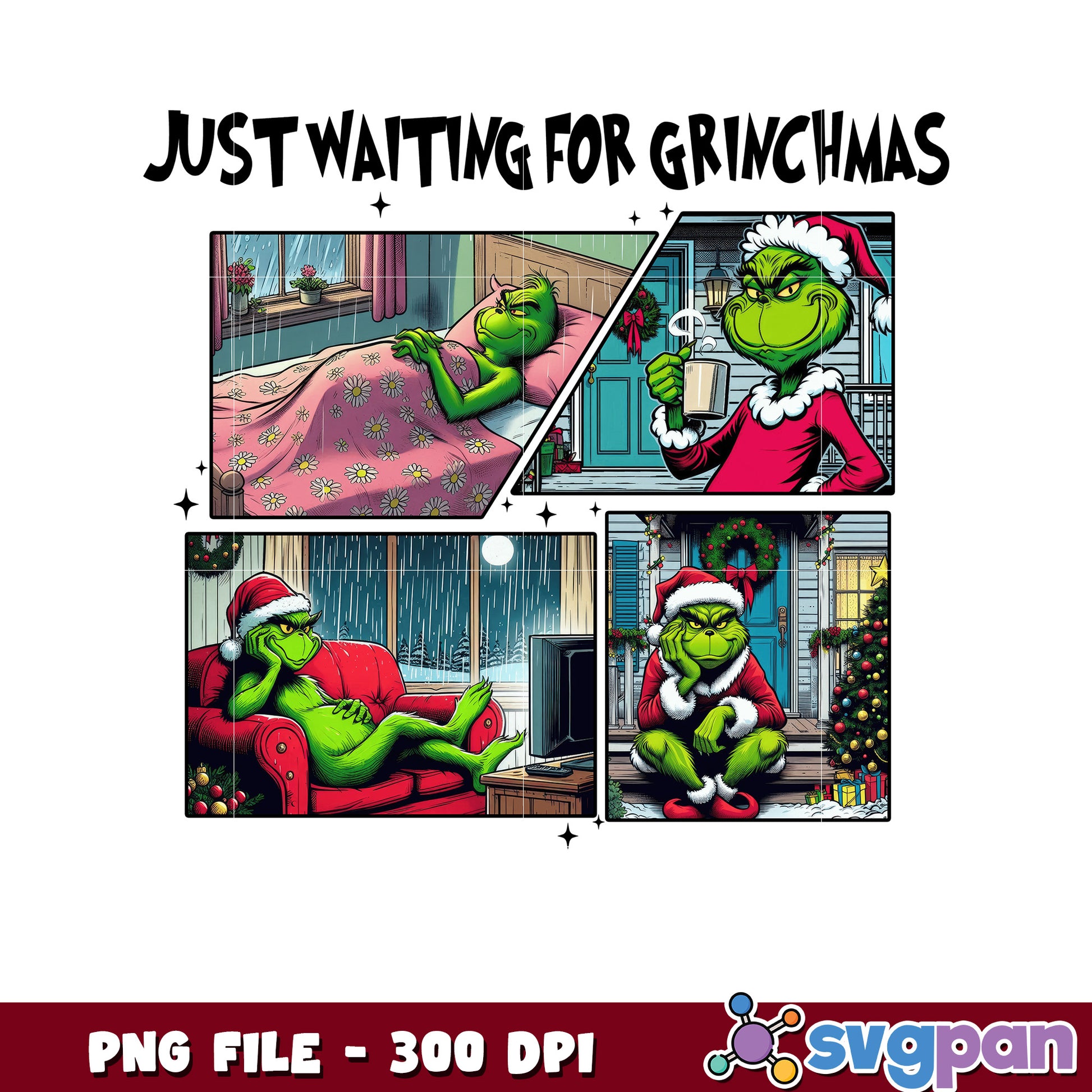 Just waiting fro christmas png, grinch tree png, grinch pajamas​ png