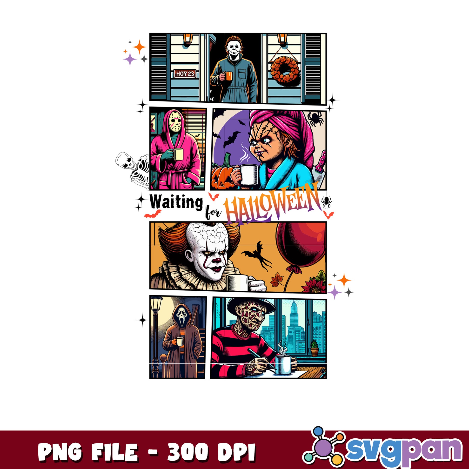 Killers waiting for halloween png, spooky season png, halloween pajamas png