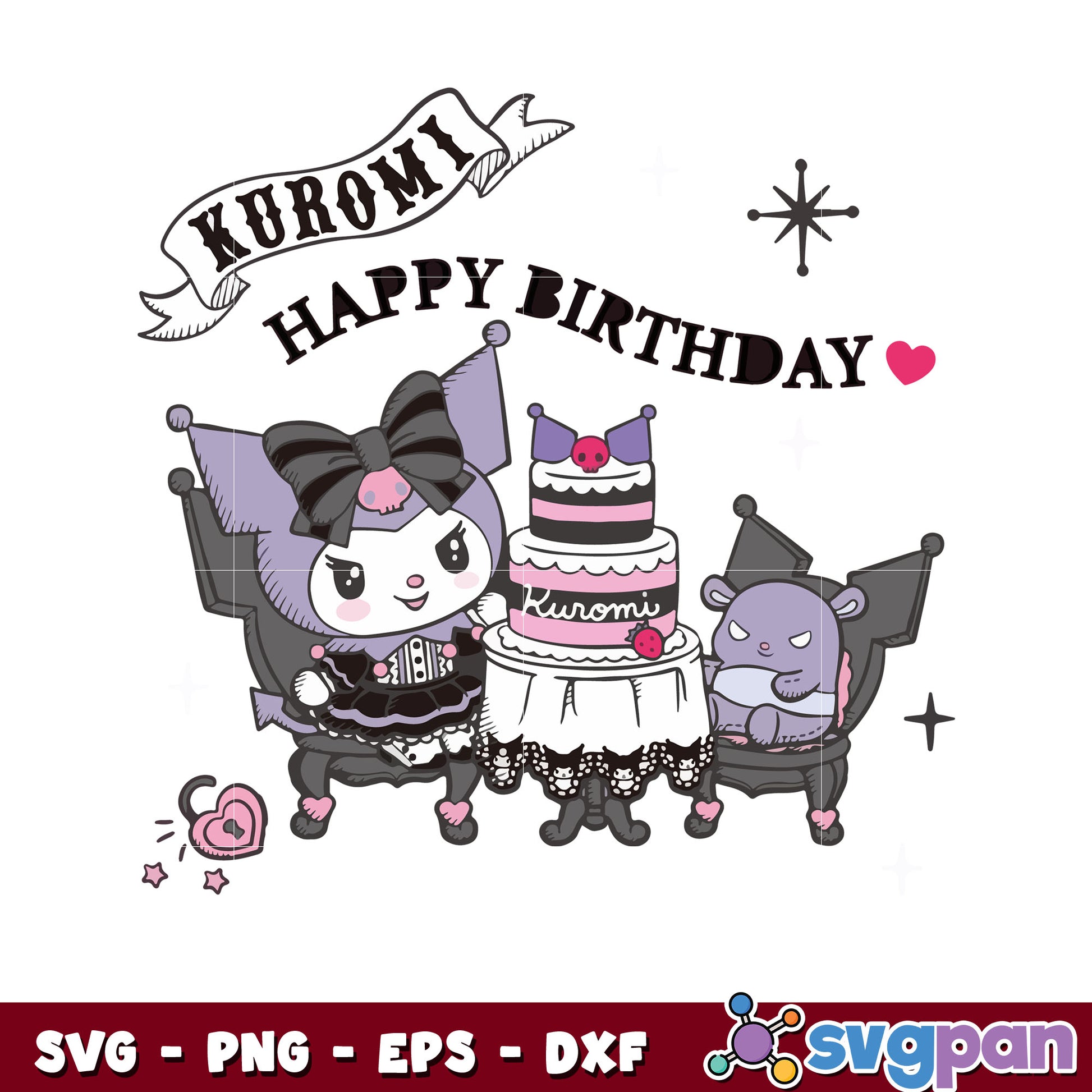 Kuromi happy birthday svg, hello kitty svg, kuromi and baku svg