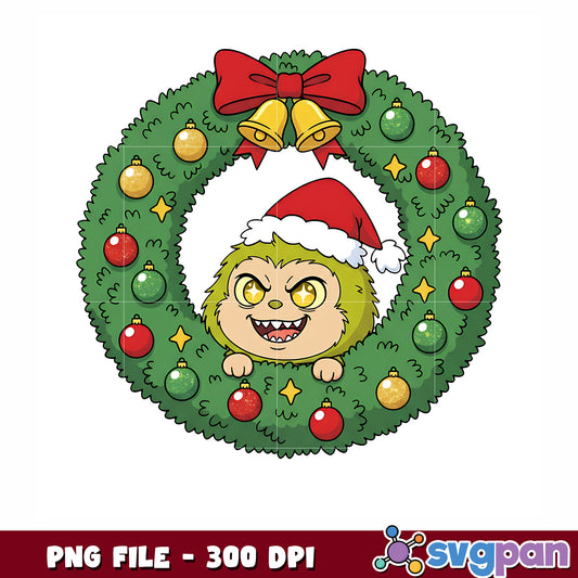 Labububu grinch christmas png, christmnas grinch png, christmas wreath png