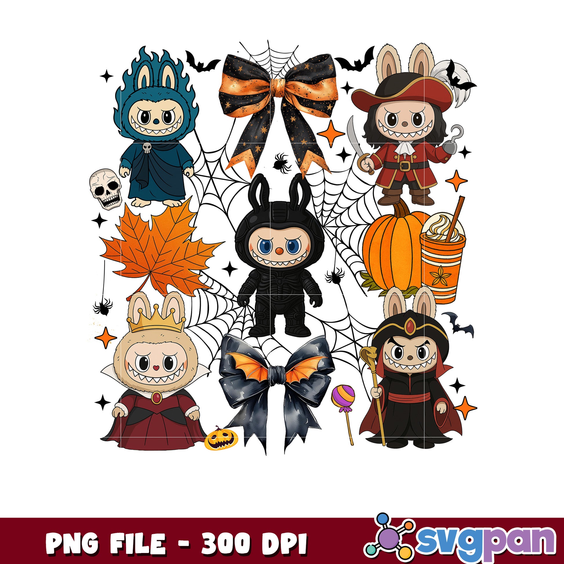 Labubu disney villains png, trick or treat png, halloween quotes png