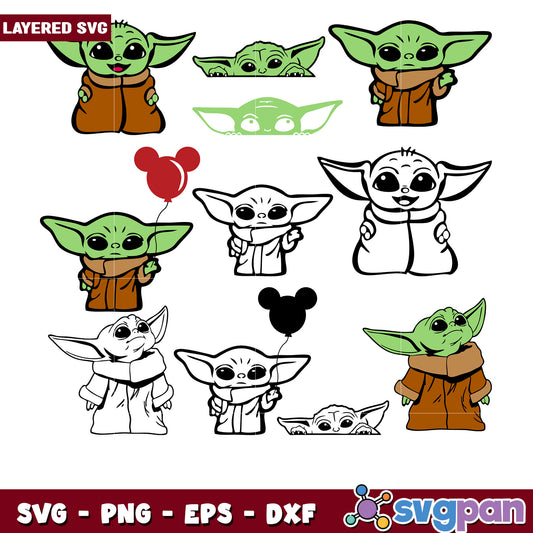 Layered Baby Yoda SVG Bundle PNG, EPS, DXF