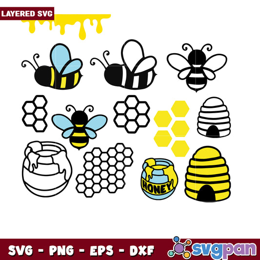 Layered Bee SVG Bundle Honeycomb, Hive, Bees