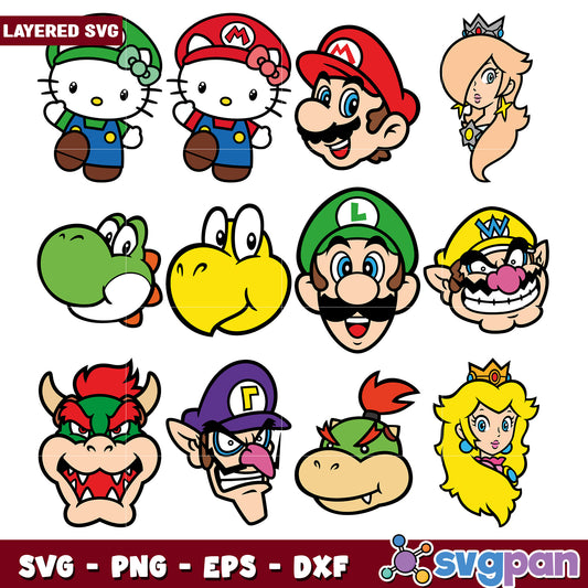 Layered Mario & Hello Kitty SVG Bundle