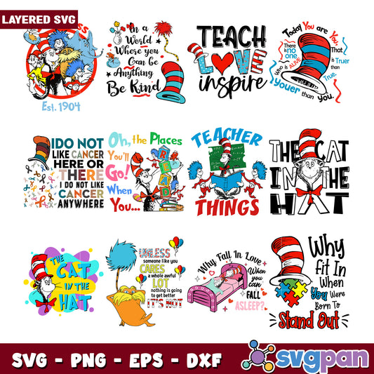 Layered SVG Bundle Cat in the Hat Designs