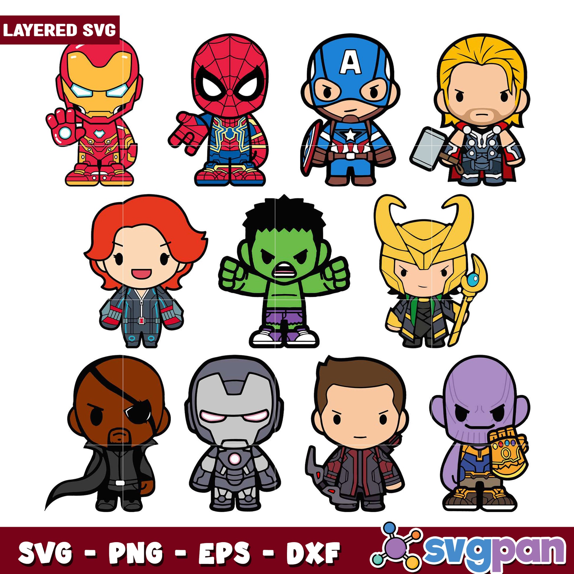 Layered SVG Bundle Cute Avengers Chibi Characters