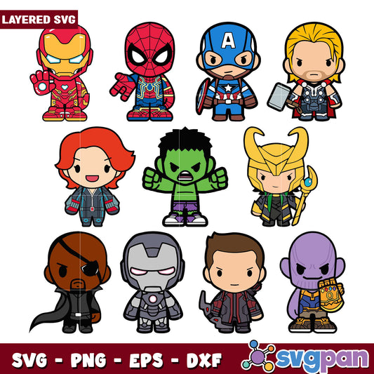 Layered SVG Bundle Cute Avengers Chibi Characters