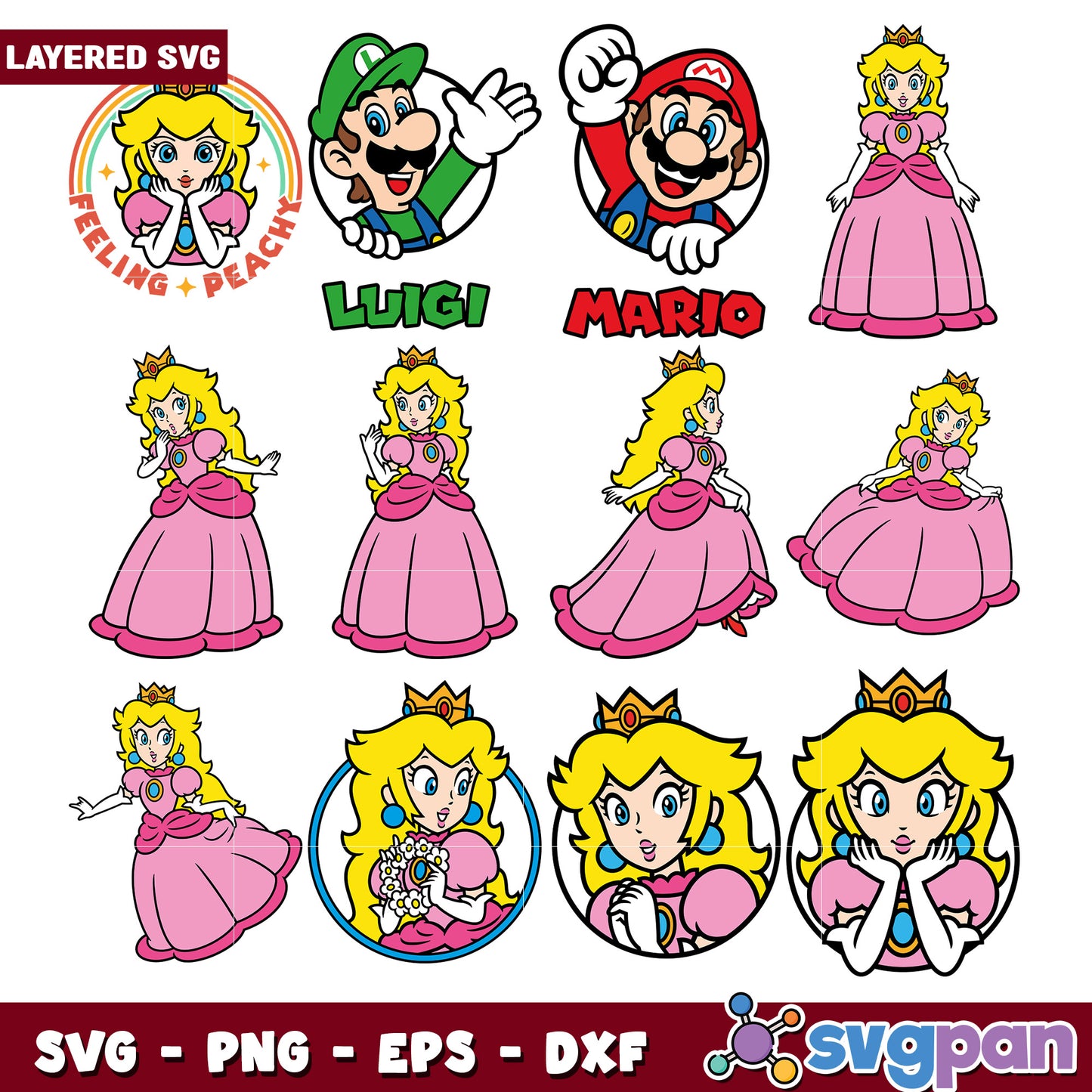 Layered SVG Bundle Princess Peach, Mario & Luigi