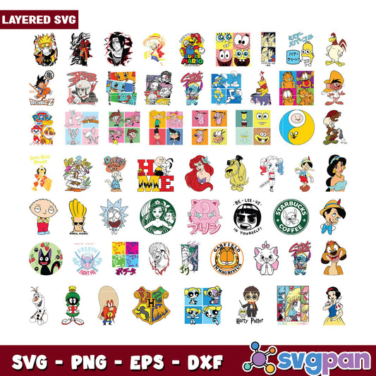 Layered SVG Bundle of Popular Cartoon Characters