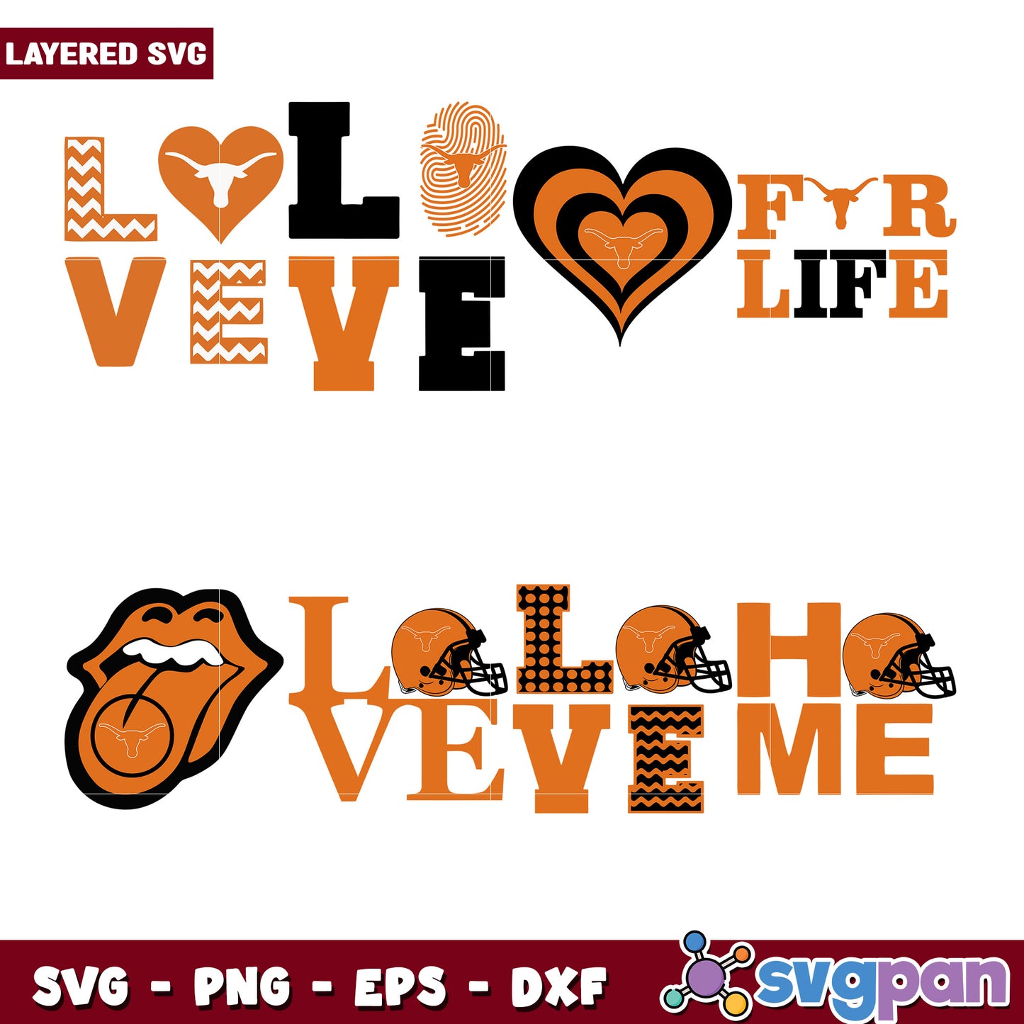 Layered SVG Texas Longhorns Love Bundle