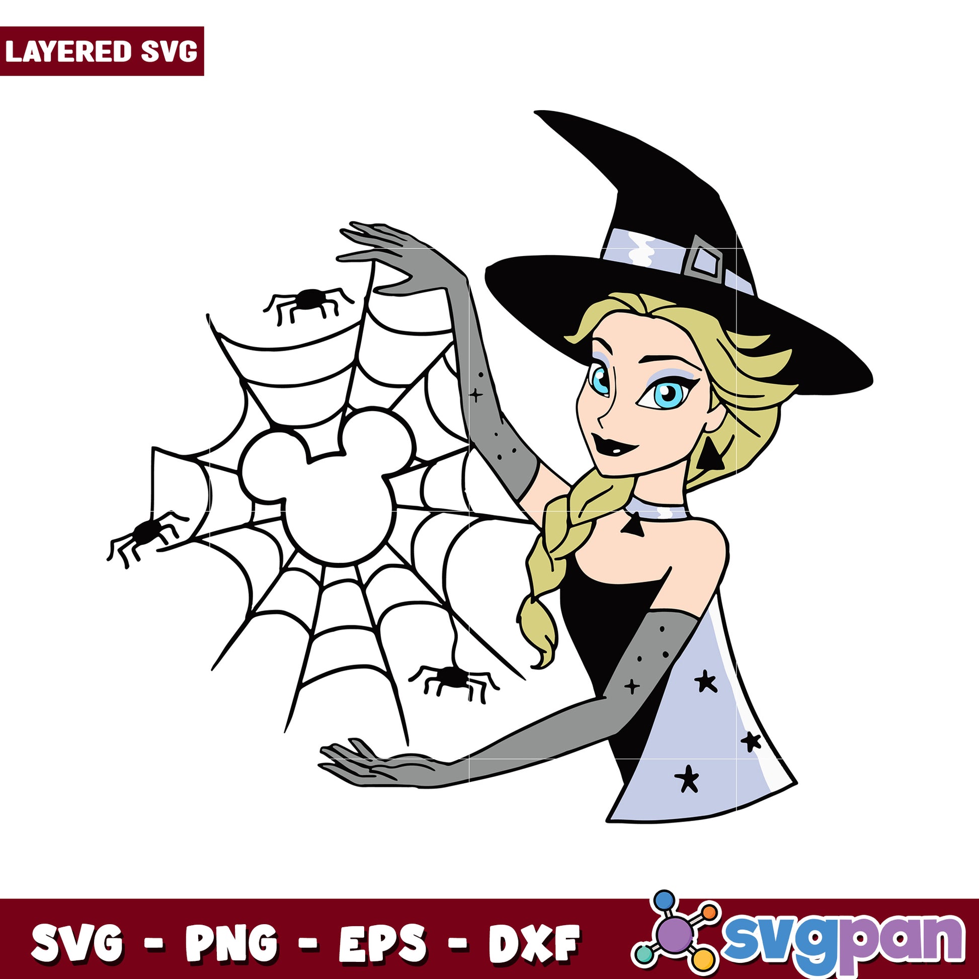 Layered SVG Witch Drawing with Spider Web, Perfect for Halloween Crafts