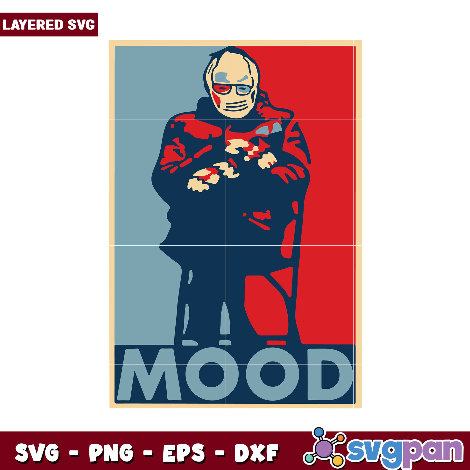 Layered SVG graphic of a man in a mask, vibrant color scheme design