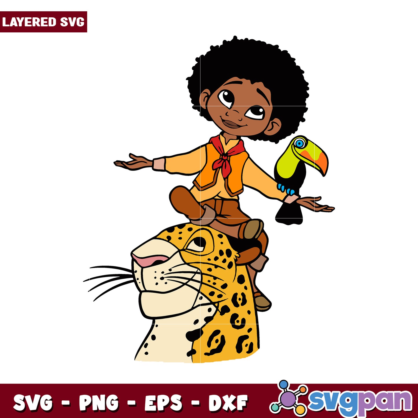 Layered SVG of Boy with Leopard and Toucan, Ideal for Kids Crafts