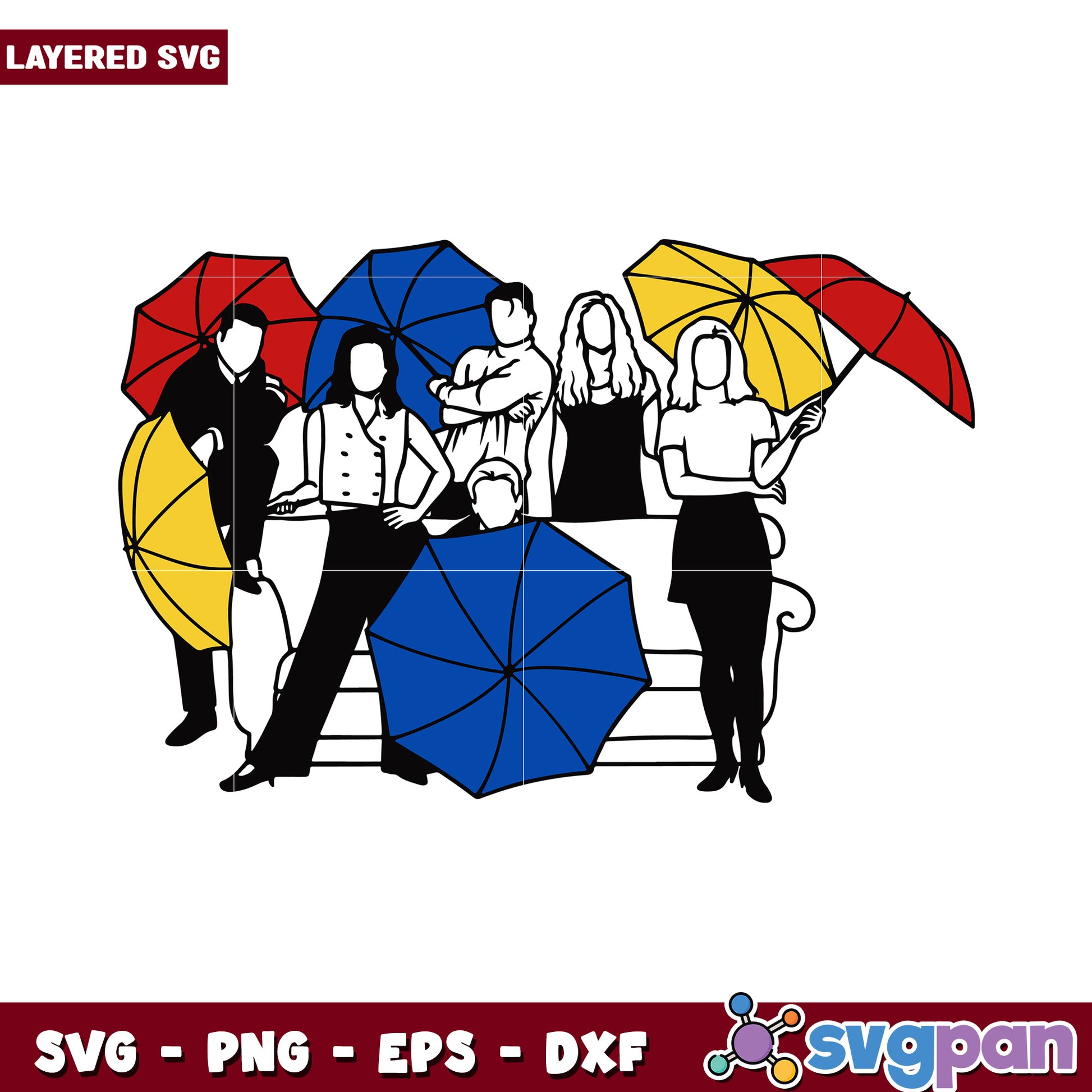 Layered SVG of People with Umbrellas, Ideal for Creative Projects
