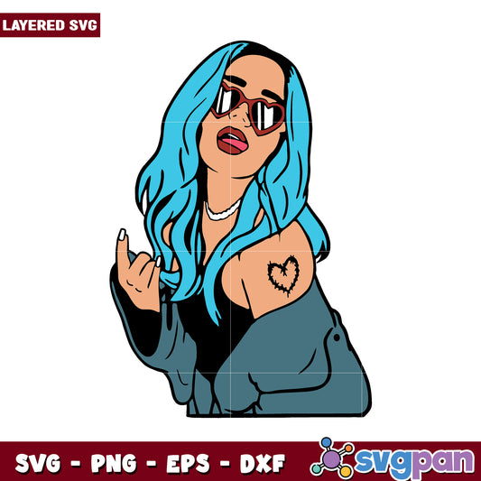 Layered SVG of a Cool Woman with Blue Hair, Great for Crafts and Designs