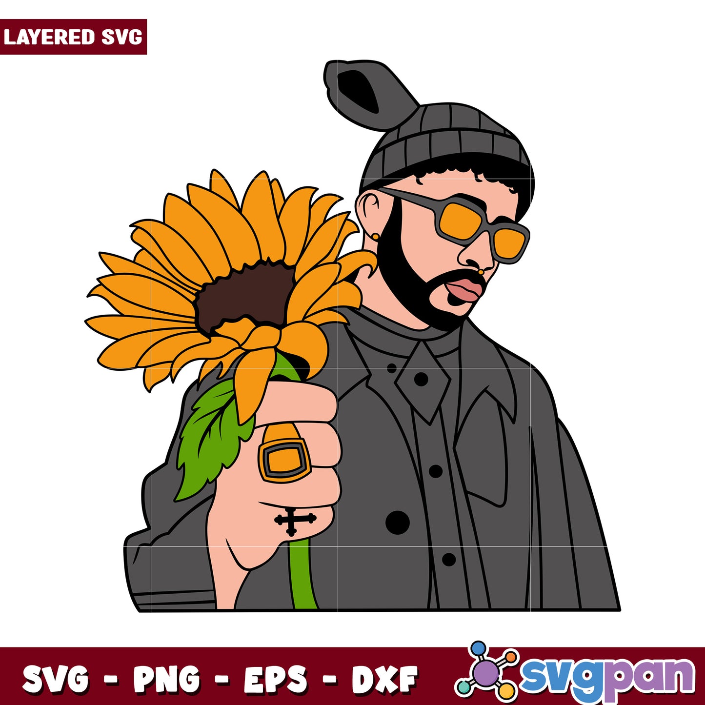 Layered SVG of a man with sunflower, perfect for creative projects
