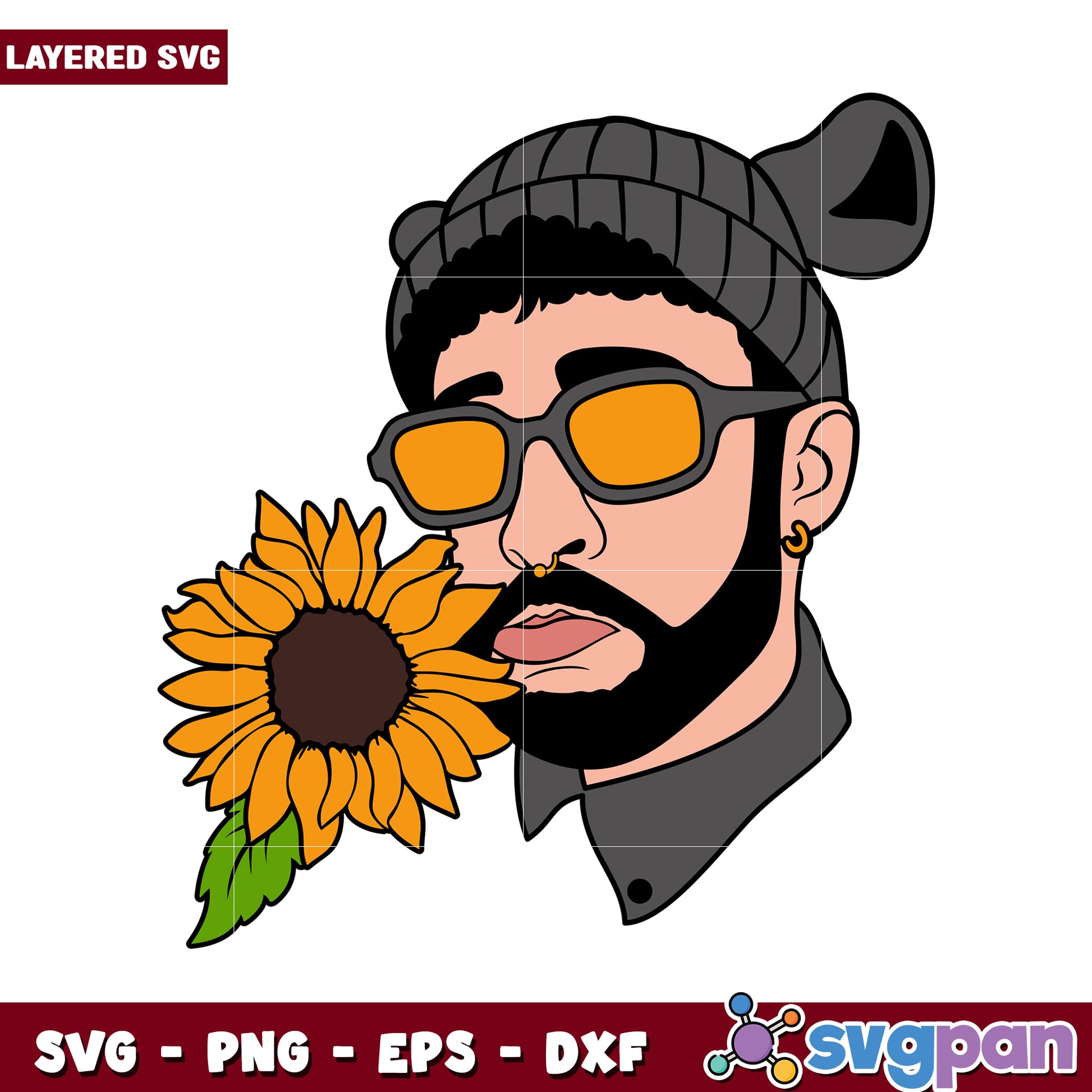 Layered SVG of a man with sunglasses and sunflower, perfect for creative projects