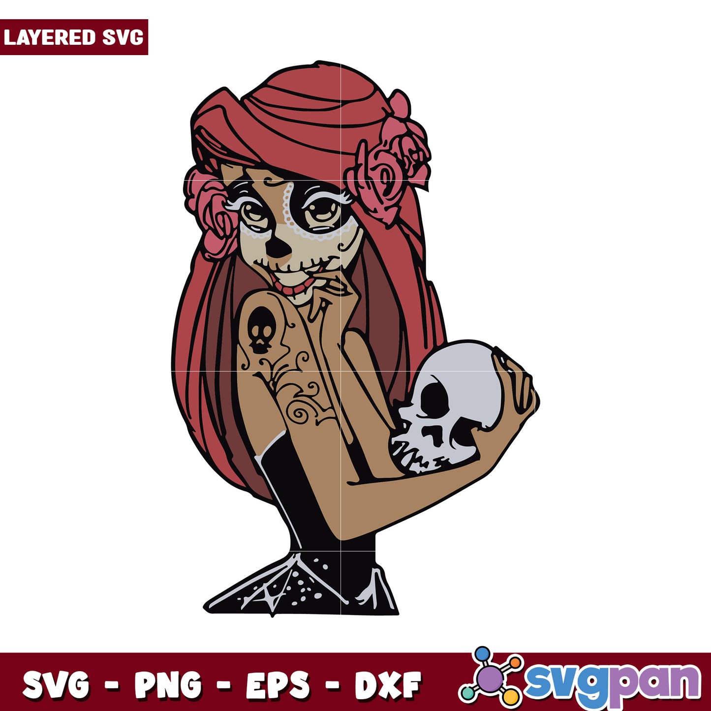 Layered Skull Girl SVG Design, perfect for Halloween crafts projects