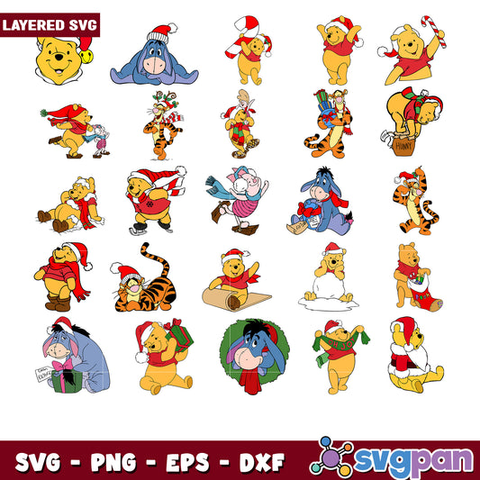 Layered Winnie the Pooh Christmas SVG Bundle Design