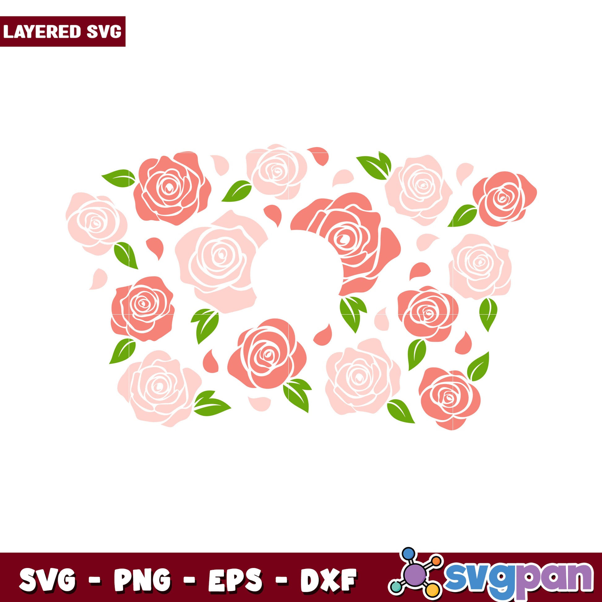 Layered floral rose SVG design for crafting projects, beautiful roses with leaves in vibrant colors