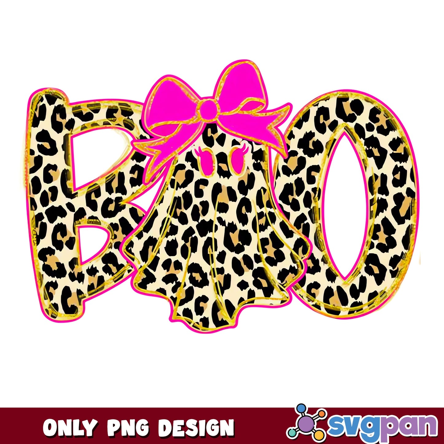 Leopard Boo Ghost Halloween PNG, Coquette Bow Pink, Spooky PNG