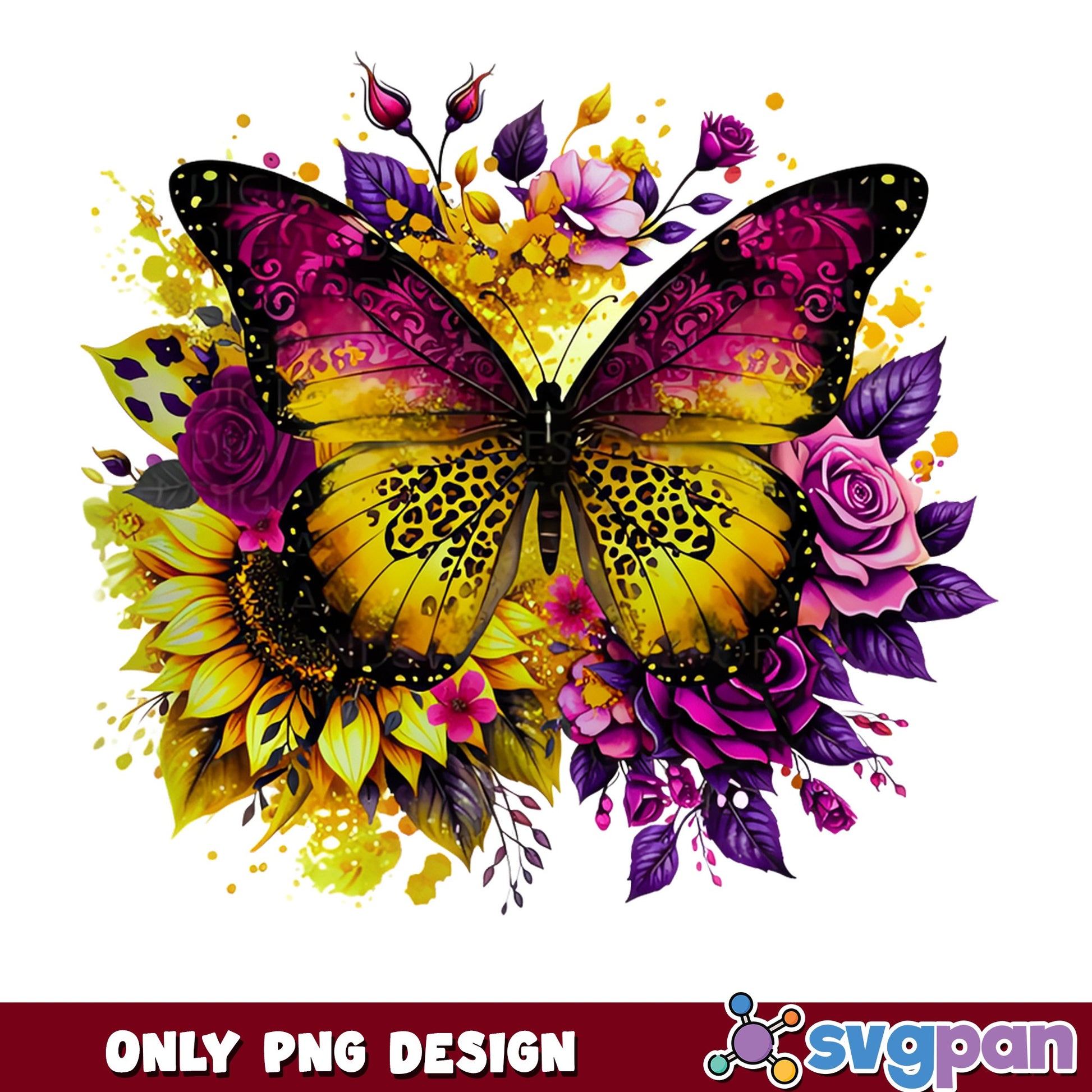 Leopard Butterfly Floral PNG, Sunflower Rose Butterfly PNG, Boho Butterfly PNG