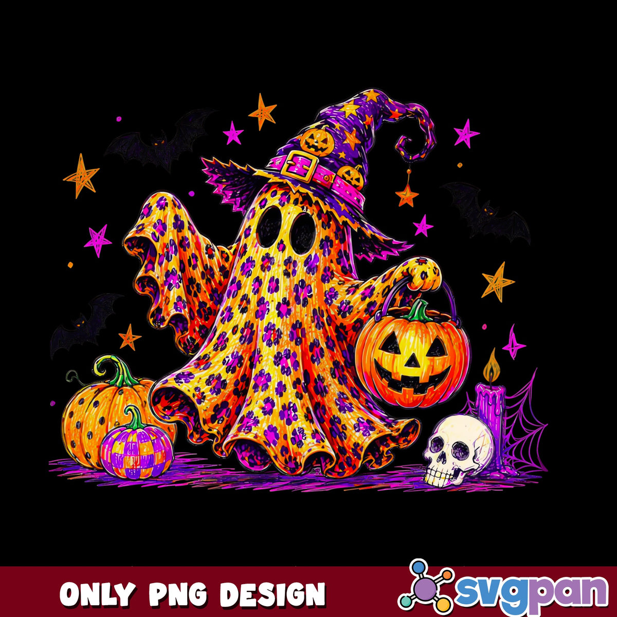 Leopard Ghost Witch PNG, Halloween Ghost Pumpkin PNG, Spooky PNG