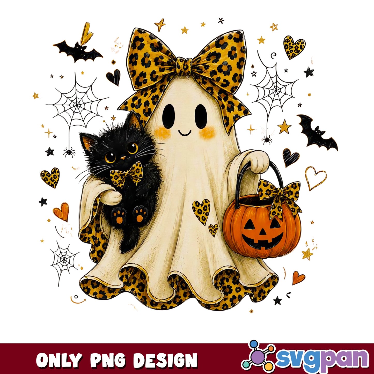 Leopard Ghost With Black Cat Halloween PNG, Cute Ghost PNG, Halloween PNG